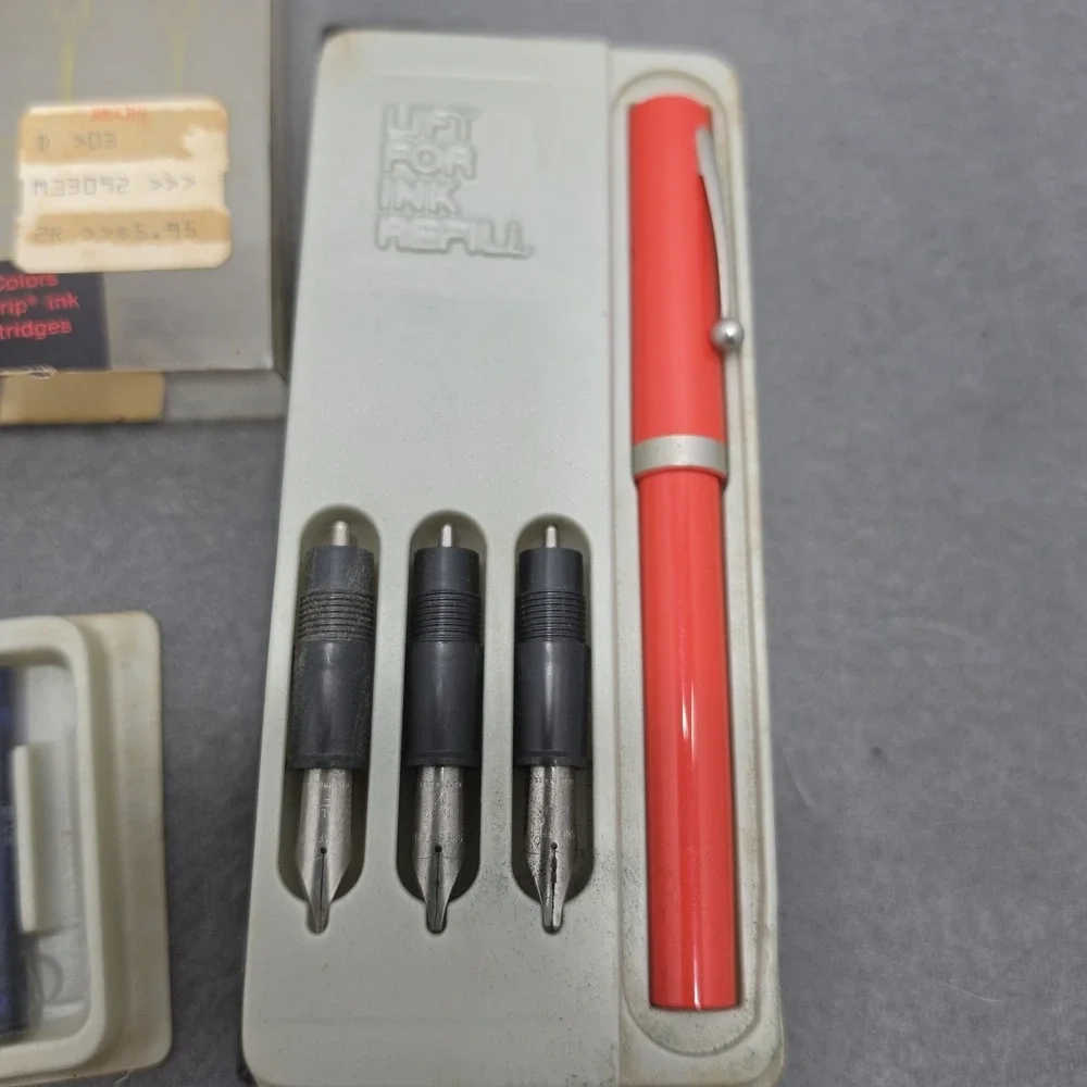 VINTAGE SHEAFFER CALLIGRAPHY No Nonsense Pen Set w/ 3 Nibs Orange Cracked Cap. J